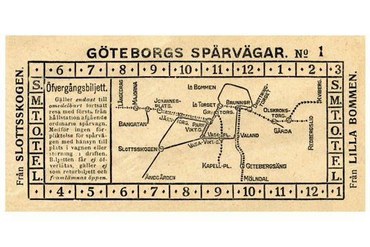 En gammal biljett där resenären ser en översikt av linjenätskartan.