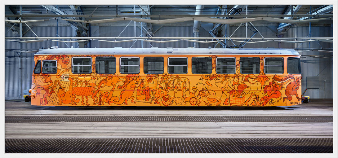 Tavla med motivet orange spårvagn