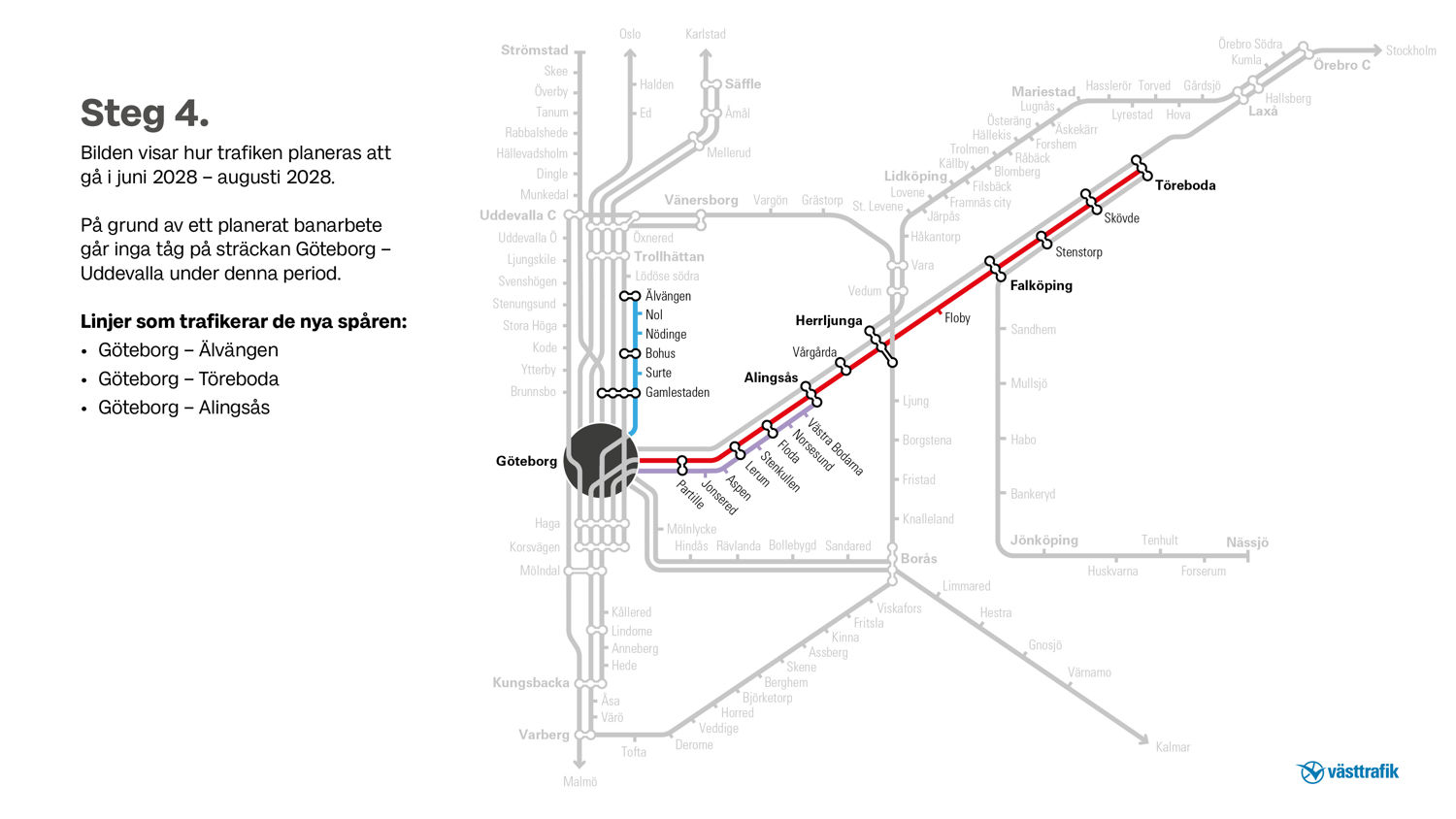 Linjesträckning över hur trafiken planeras köra juni 2028-augusti 2028