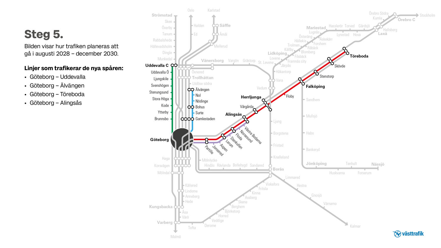 Linjesträckning över hur trafiken planeras köra augusti 2028-december 2030