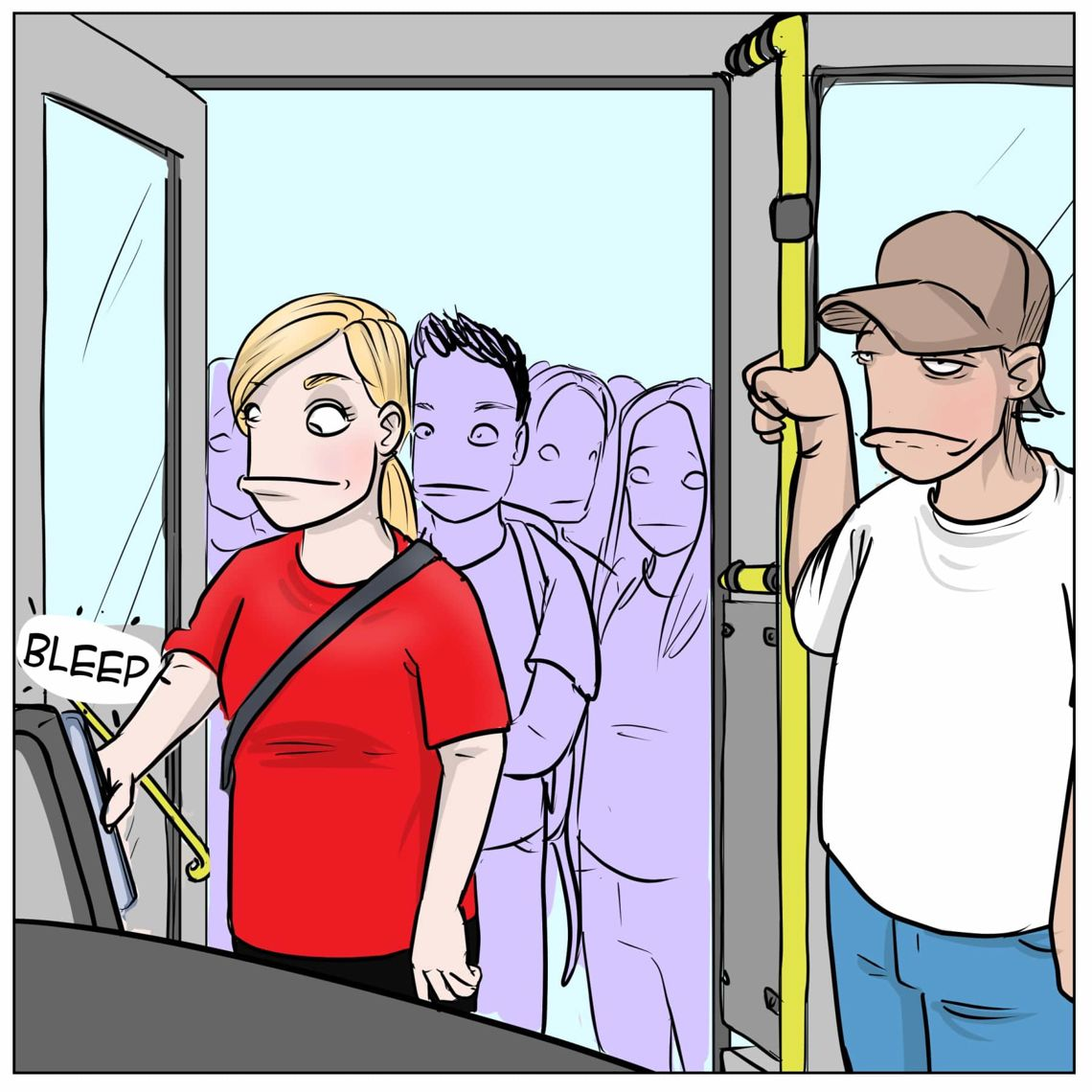 En kvinna skannar sin biljett och går på en buss. En man står framför henne.