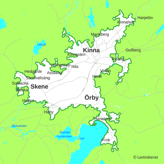 Kartbild över området i Kinna, Skene och Örby där du kan resa med Buss on demand