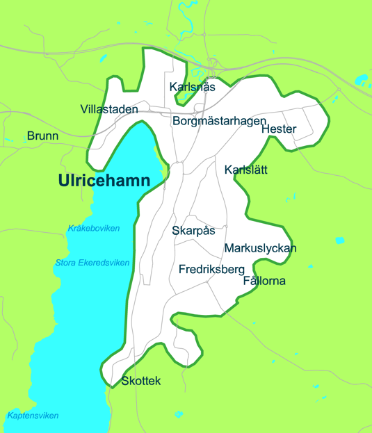 Kartbild över området i Ulricehamn där du kan resa med Buss on demand