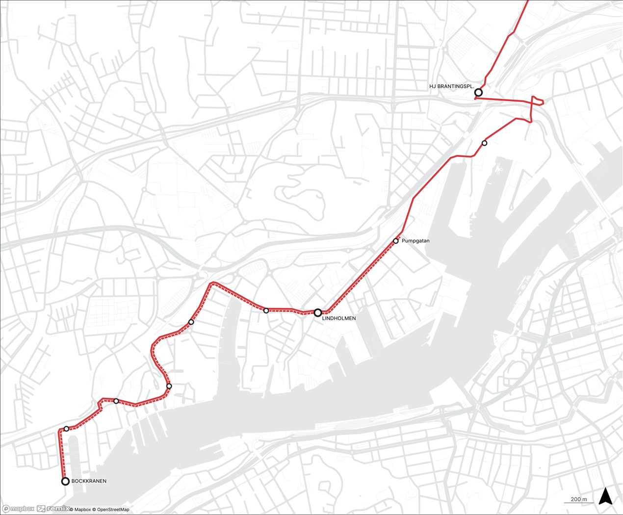 Karta över hur trafiken kör i Eriksberg